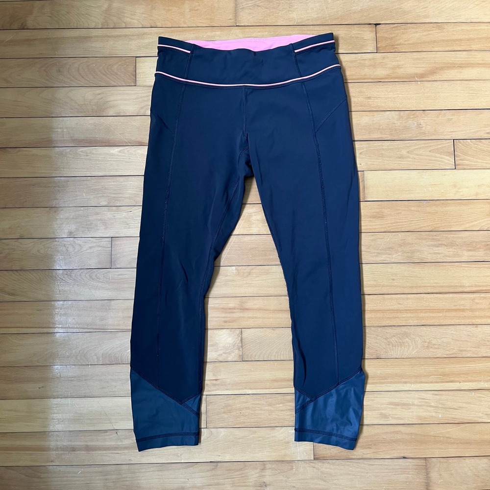Lululemon Run Speed Track Crop Leggings Black Pink Size 8 Zipper Pocket Ruched